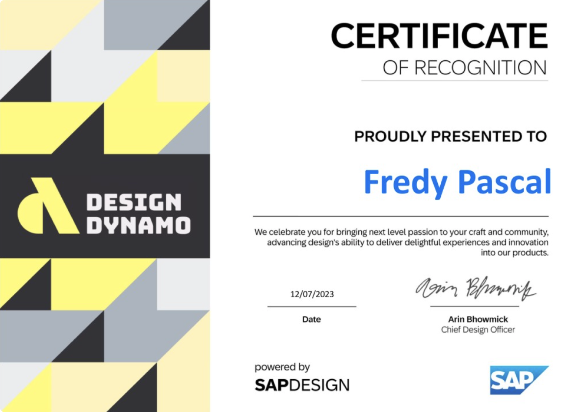 SAP Design Dynamo Certificate of Recognition awarded to Fredy Pascal, December 2023